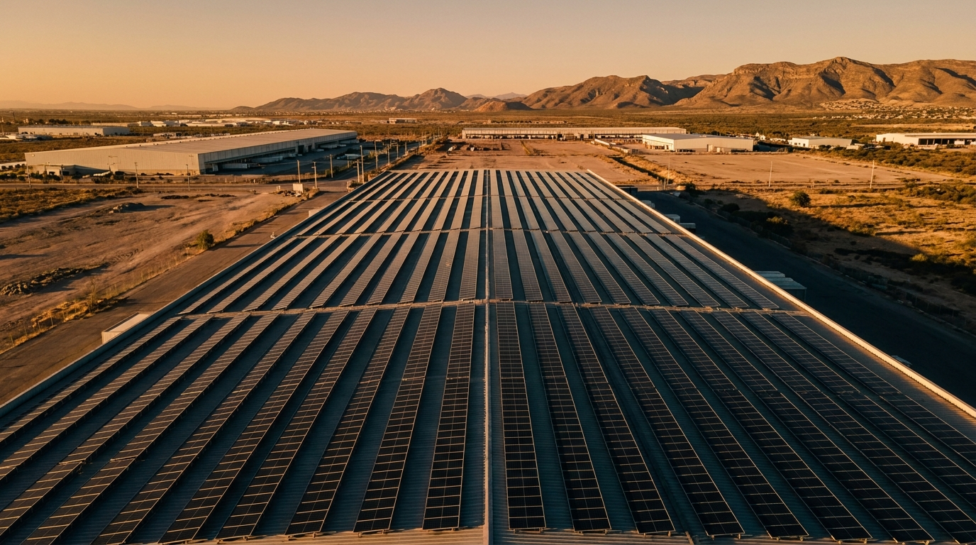 Vista aérea de una azotea industrial cubierta con cientos de paneles solares