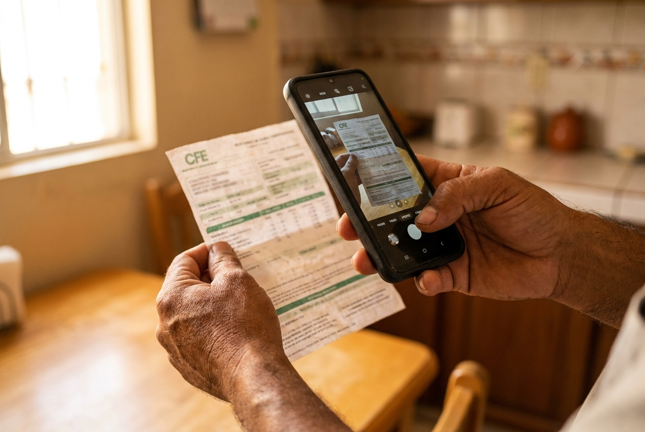 Manos de una persona fotografiando su recibo de luz de CFE con el celular en la cocina