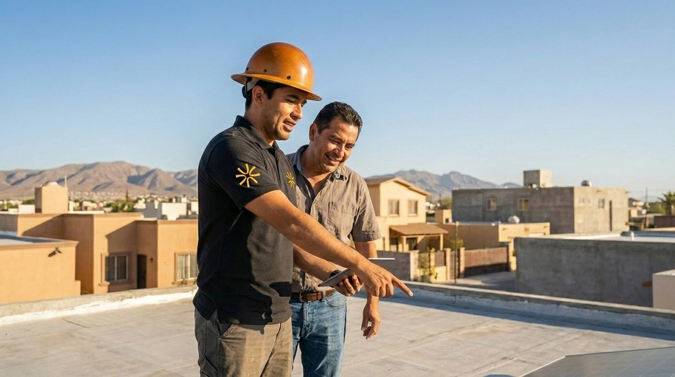 Técnico de CEK con casco ámbar explicando la visita técnica al dueño de casa en una azotea residencial