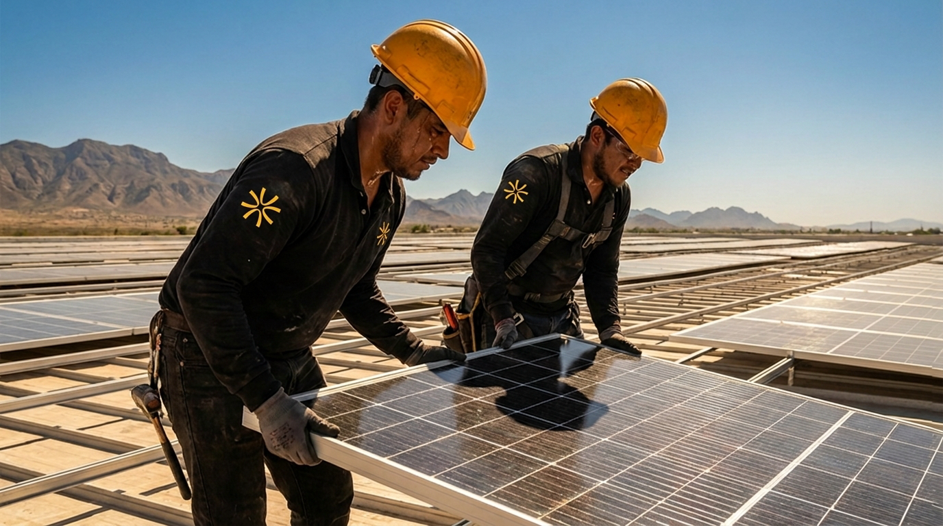 Dos técnicos de CEK con casco ámbar montando un panel solar sobre una azotea residencial